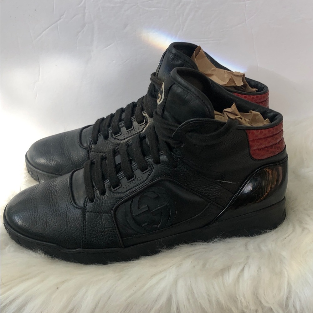 Gucci Men's Black Leather Sneakers Size 6.5 Black High Lace Up Sneakers w/COA - Picture 3 of 10